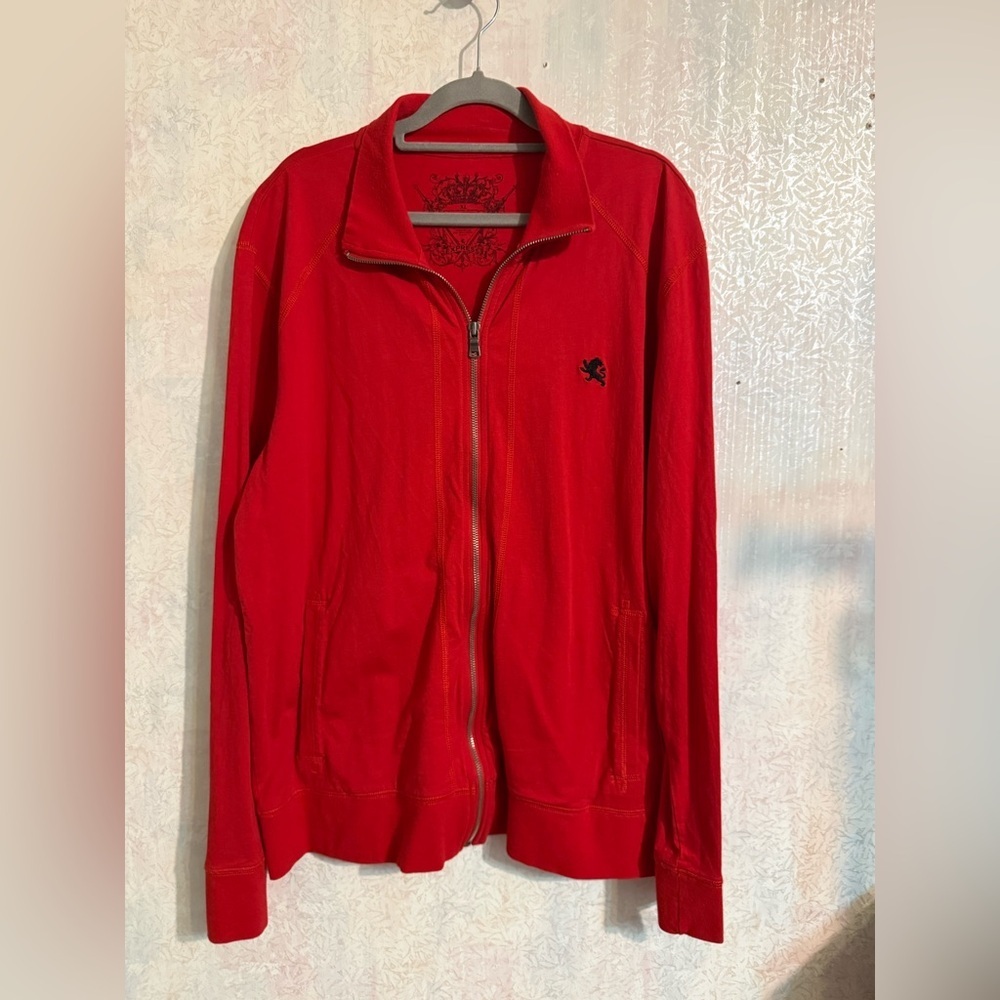 Express Red Lightweight Jacket With Black Embroidered Lion, Full Zip, 2 Pockets